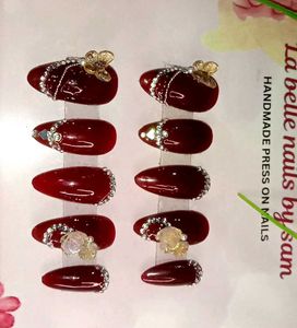 Premium Handmade Maroon Press-On Nails with Gems