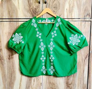Green Embroidery Work Cotton Top Size-44