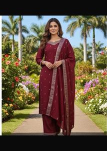 Maroon Embellished Suit Set
