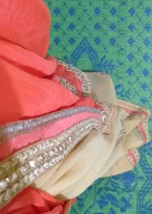 Peach And Off White Embellished Saree