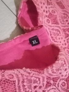 Pink Lace Tunic Top with Pom-Pom Trim