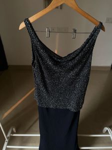 JKARA NAVY BLUE BEADED EVENING GOWN