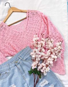 Pinterest Oversized Crochet Pink Pullover B