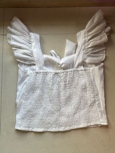 White Ruffle-Sleeve Bow Top