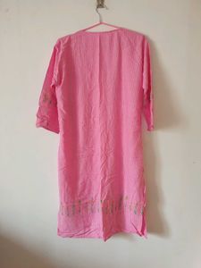 Pink Striped Kurti with Floral Embroidery