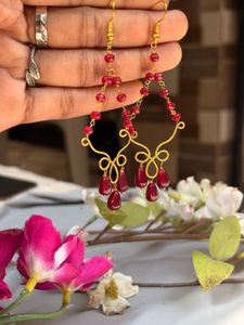 handmade Red Beaded Dangle Earrings