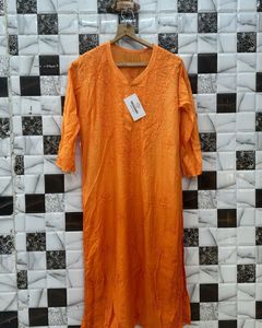 Chanderi Silk Orange chikankari Kurti