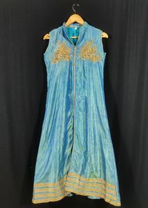 Dark Cyan Embroidered Front Open Kurti, Skirt &amp; Du