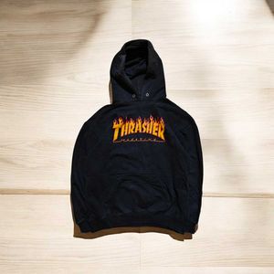 &#39;Thrasher&#39; Flame Logo Black Hoodie, Washed Look