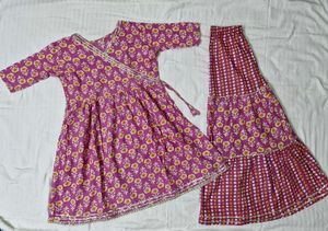 Floral Print Angrakha Style Dress with Tiered Pant