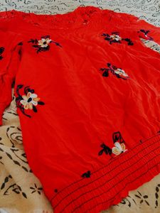 Red Floral Embroidered Top