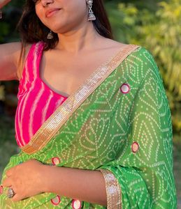 Chic Pink and Green Leheriya Saree with Blouse