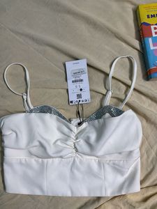 Bershka White Glitter Trim Crop Top