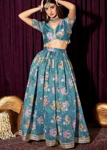 Teal-Blue Floral Printed Lehanga