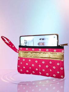 New Pink  Bandhani Print Clutch with Gold Trim