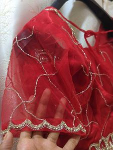 Red Saree with white Diamonds and Stitched Blouse