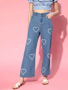 Heart Print Wide Leg Jeans