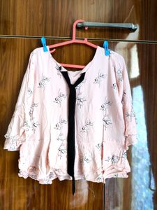 Floral Print Top with Bow Tie- Size L
