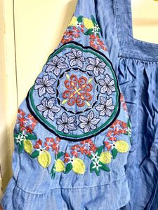 Embroidered Denim Peasant Top