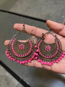 Pink Hoop Earrings And Oxidised Mirror Earrings