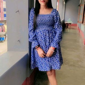Floral Print Blue Mini Dress