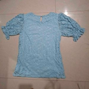 Puffed Sleeves Top,Blue Top