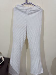 White Ribbed Flare Leg Pants