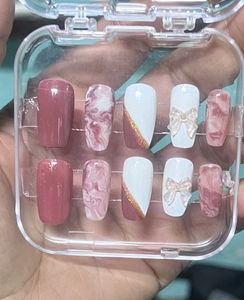 Coffin Shaped Nails With French Tip , Marble , Bow