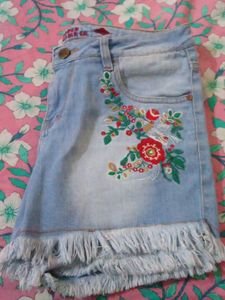 Floral Embroidered Denim Shorts