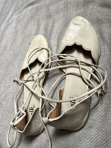 Beige Scalloped Lace-Up Flats