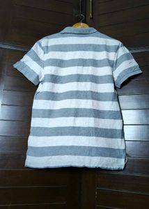 Nike Men Grey White Striped Cotton Polo Tshirt
