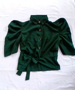 Emerald Green Puff-Sleeve Tie-Front Blouse