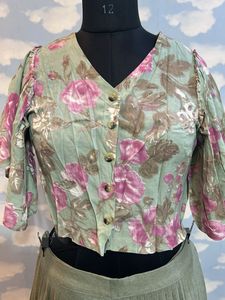 Floral Print Crop Top with PleatedFlar