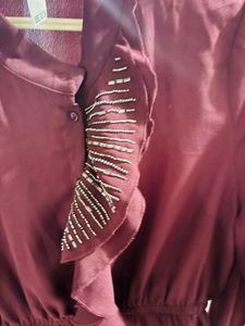 Maroon Tie-Up Neck Embellished RuffleCinched