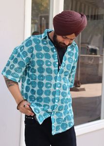 Turquoise Patterned Mesh Shirt
