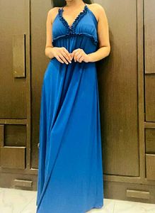 Blue Ruffle Trim Maxi Dress