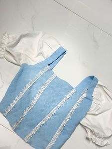 Cute Blue &amp; White Puff Sleeve Top