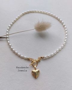 Glass Pearl T-Lock Necklace with Heart Locket