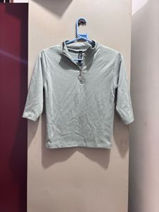 Grey-green Ribbed Zip-Up Top