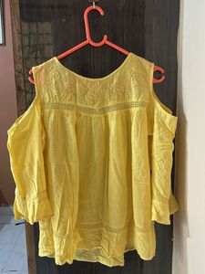 Yellow Cold Shoulder Embroidered Top