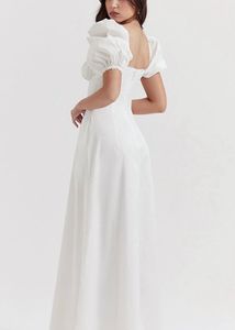 White Square Neck Puff Sleeve Tie Up Maxi Dres