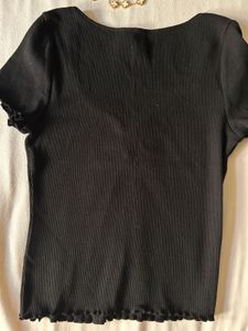 H&amp;M  Black Ribbed V-Neck Top With Lettuce Trimming