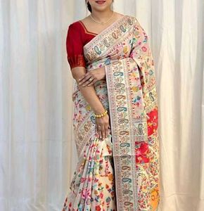 Floral Print Saree with Red Blouse