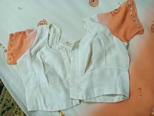 Elegant White &amp; Orange Saree with stitched blouse