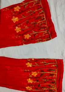 Bright Red Floral Embroidered Cotton Pants – Free