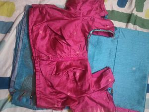 Pink &amp; Blue Saree And (Stitched Embroidery Blouse