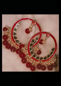 &#34;Traditional Red Kundan Earrings with Mirror Work