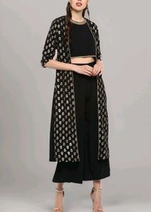Black & Gold Printed Crop Top Set with Duster