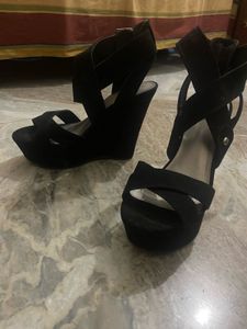 US Size 6 Orange Color Sandals &amp; Black Wedges
