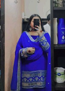 Royal Blue Embroidered sharara suit with dupatta.